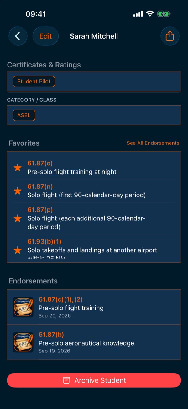 A student's endorsement history in CFI Endorse Log