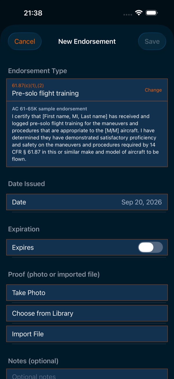 Logging an endorsement with the AC 61-65 wording