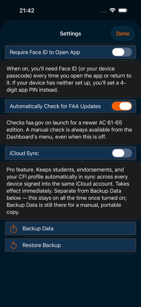 Settings with App Lock, iCloud Sync and backups